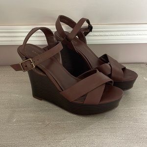 Express Brown Leather Platform Wedge Sandals